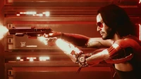 Johnny Silverhand in Cyberpunk 2077, wielding a gun with a futuristic backdrop.