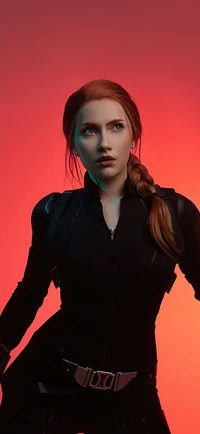 Dynamic portrayal of a superheroine in a sleek black outfit, featuring striking red hair and a dramatic expression against a vibrant backdrop.