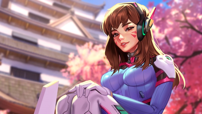 Крупный план женщины в фиолетовом наряде, сидящей на скамейке (dva, overwatch, видеоигра, искусство)