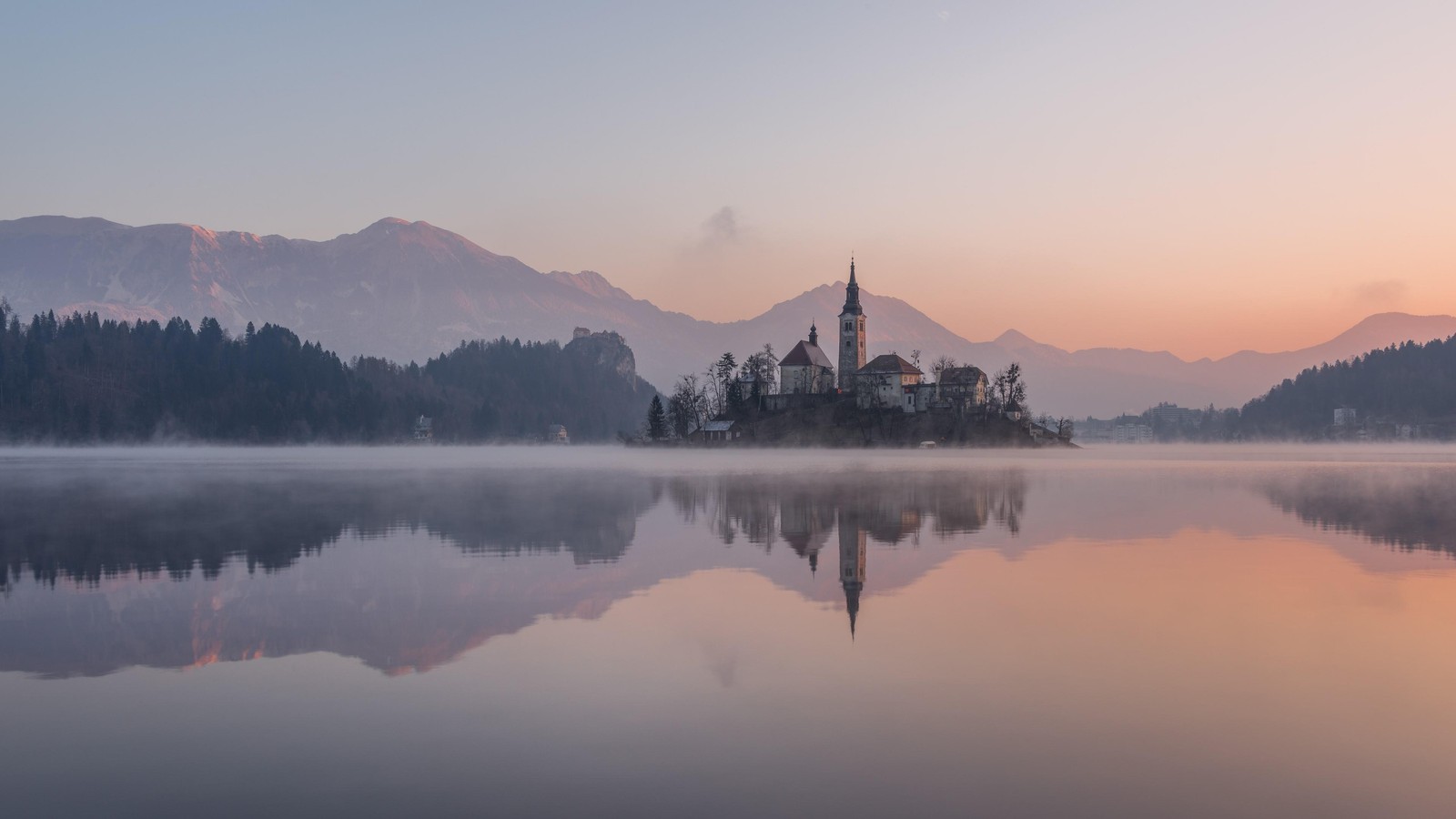 Arafed view of a lake with a church in the middle of it (reflection, nature, morning, lake, dawn)