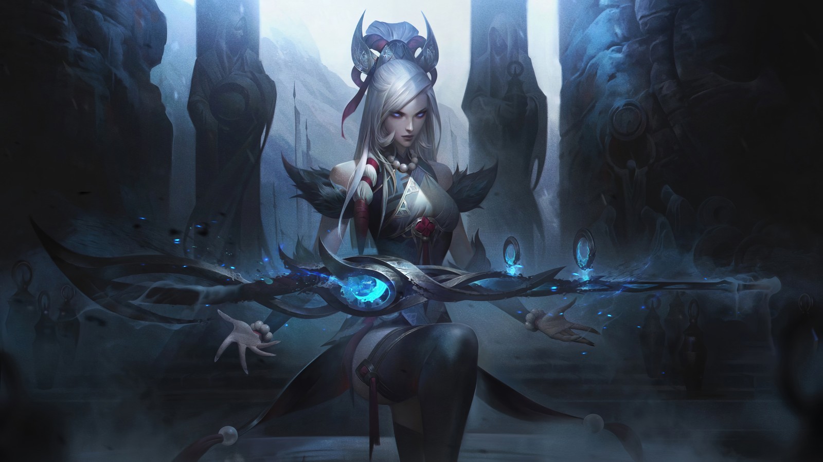 Une femme avec une épée dans une forêt sombre (lune de neige, caitlyn, peau, art visuel, league of legends)