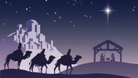 Tres Reyes Magos viajando a la Natividad bajo un cielo estrellado