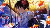 Anime Girl in Kimono Surrounded by Goldfish in a Fantasy Aquarium