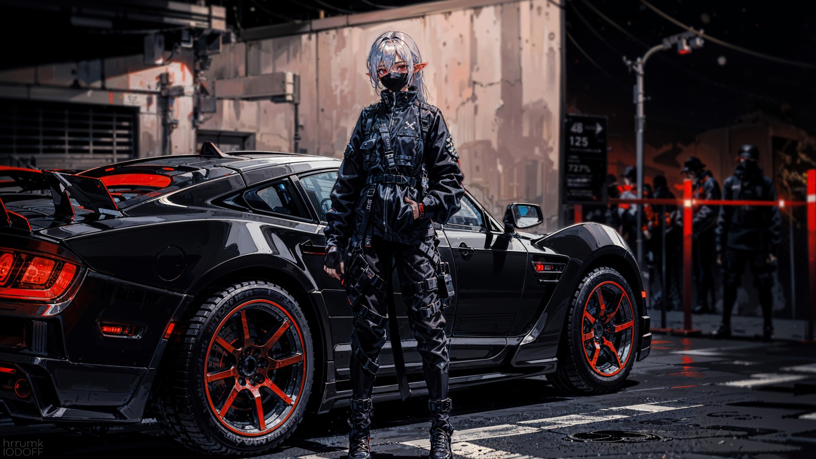 A man in a black outfit standing next to a black sports car (anime girls, elf, sports car, racer)