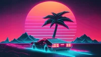 Neon Sonnenuntergang Fahrt: Retro-Welle Abenteuer