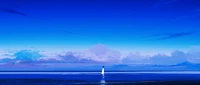 Figura solitaria en una playa panorámica bajo un vasto cielo azul