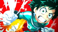 Izuku Midoriya unleashes his power with determination in a dynamic action scene.