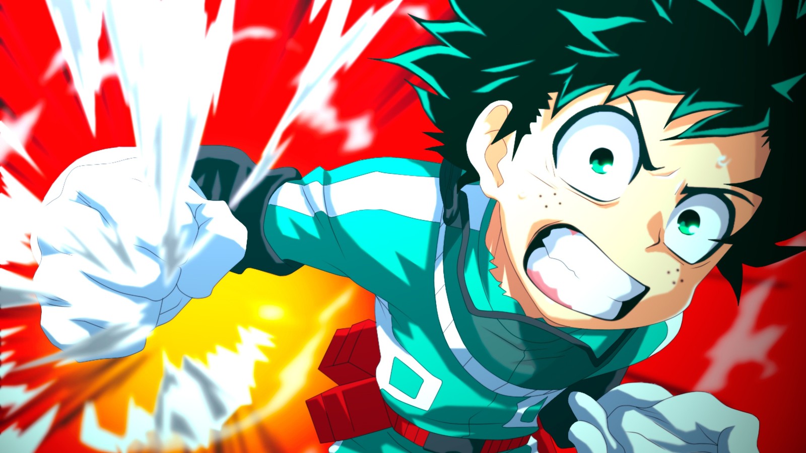 Крупный план персонажа мультфильма на красном фоне. (изуку мидория, izuku midoriya, deku, боку но хиро академия, my hero academia)