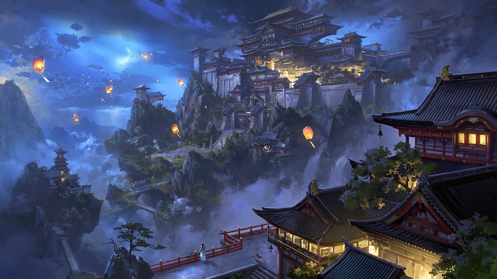 Uma vista de uma vila de montanha com uma pagoda e lanternas (anime, lanterna do céu, montanha, japonês, castelo)