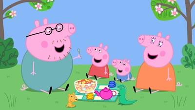 A família Peppa Pig desfrutando de um piquenique no parque