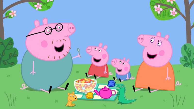 Семья поросенка на пикнике в парке (peppa pig family, мультфильм, сериал, папа свин, мама свинья)