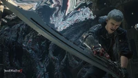 Nero de Devil May Cry 5 empunhando sua espada contra um inimigo monstruoso.