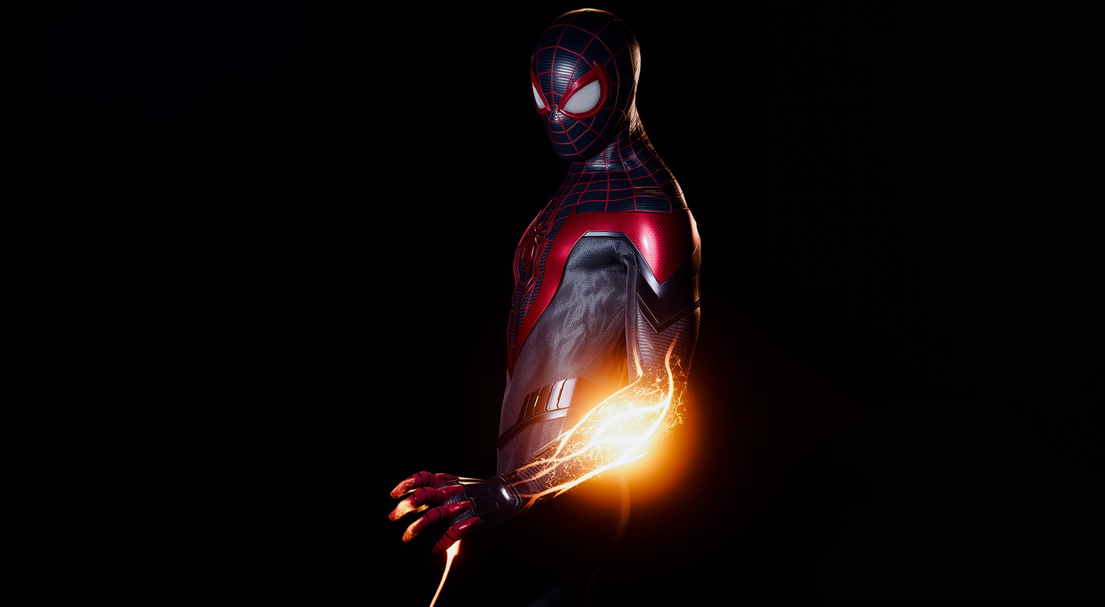 Homem-aranha no escuro com uma mão brilhante (spider man miles morales, playstation 4, playstation 5, marvel comics, fundo preto)