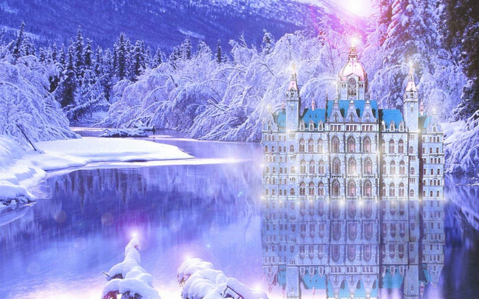 Ein schloss inmitten eines sees, umgeben von schnee (eis, natur, gefrieren, lila, wasser)