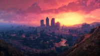 grand theft auto v, video game, city, sunset, scenery wallpaper