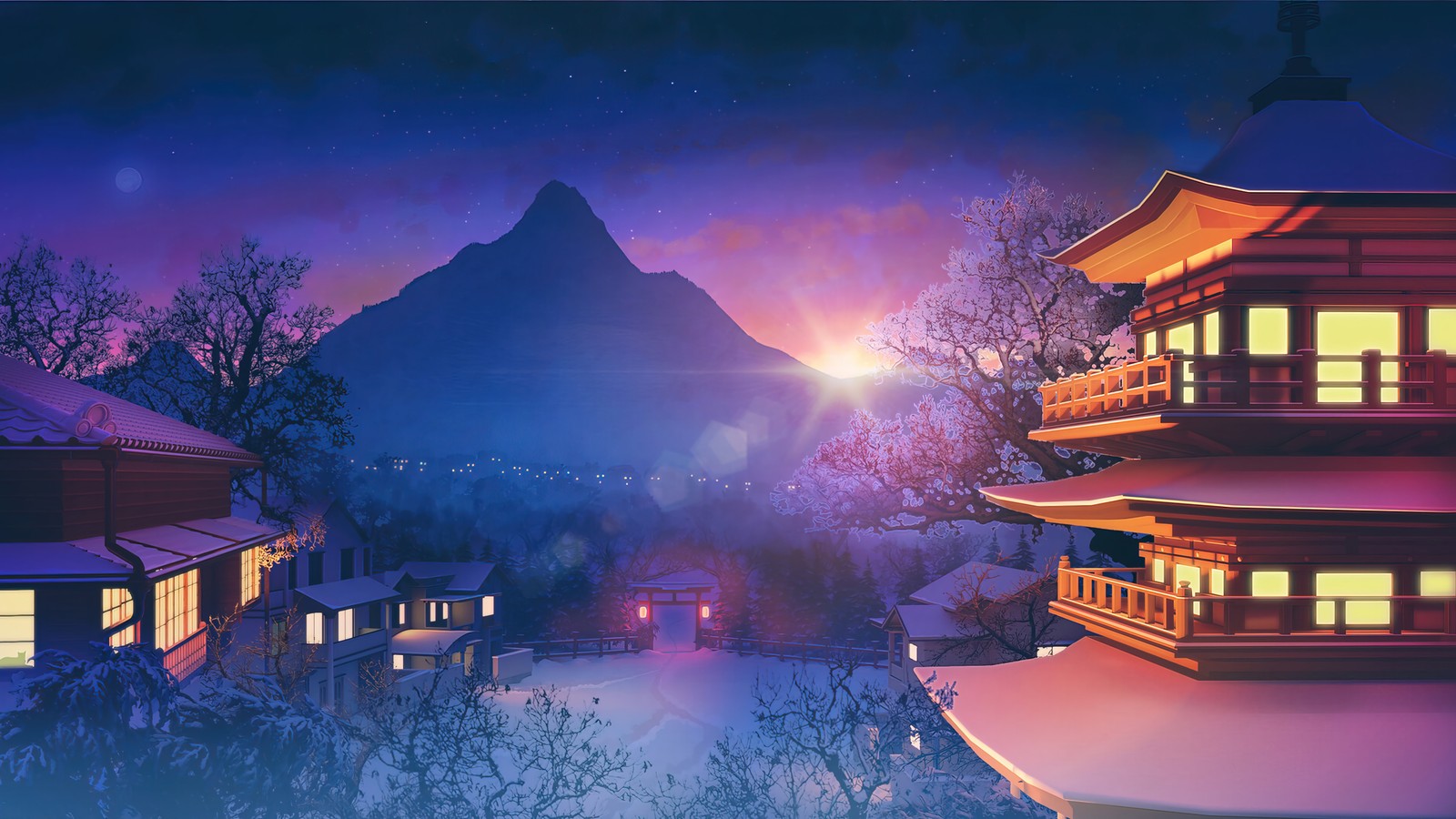 A view of a snowy town with a mountain in the background (japanese, scenery, sunset, night, digital art)