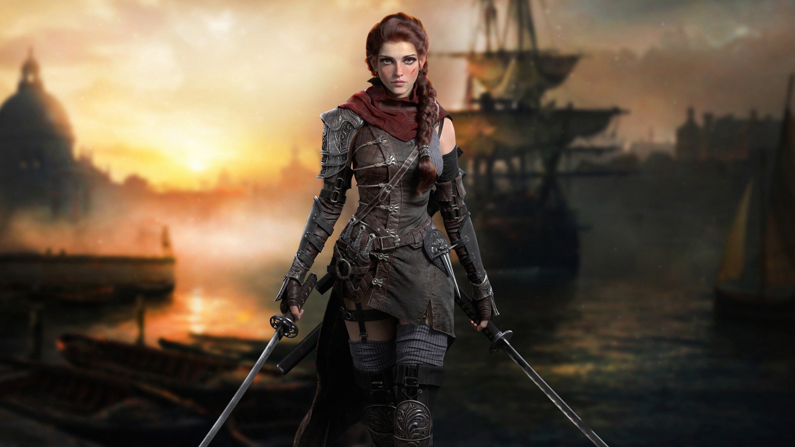 A woman in a pirate outfit holding two swords standing on a dock (piracy, art, digital art, work of art, face)