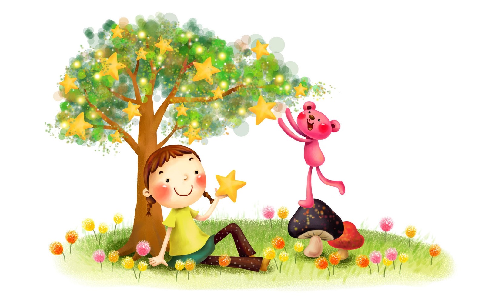 Illustration d'une fille assise sous un arbre avec une étoile et un singe rose (illustration, cartoon, enfance, arbre, flore)