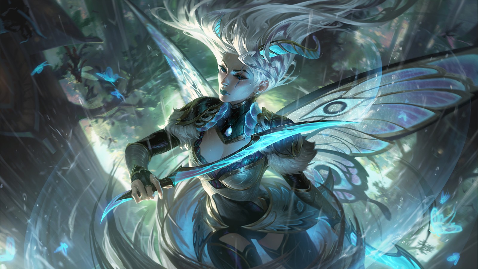 A woman with white hair and wings holding a sword (league of legends, katarina, games, 4k wallpaper)