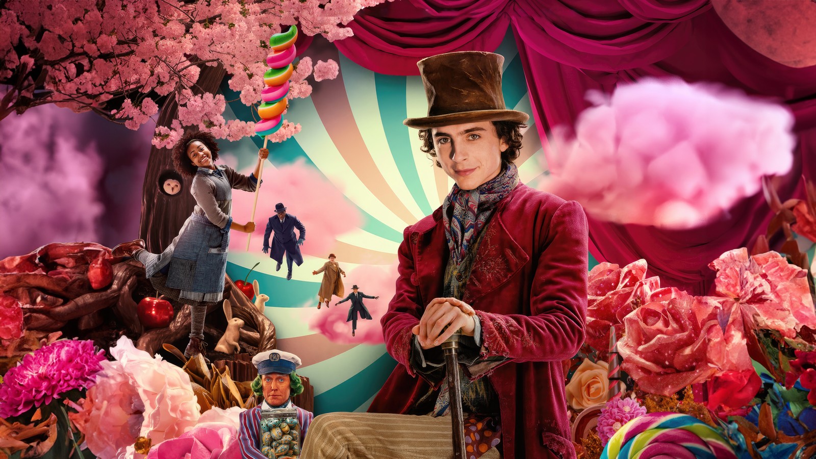 Nahaufnahme einer person mit einem hut und zylinder (wonka, filmplakat, 2023, 5k, timothée chalamet)