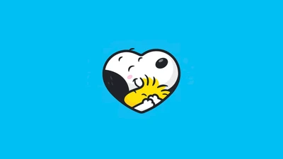 Snoopy y Woodstock abrazados en un corazón de amor contra un fondo azul