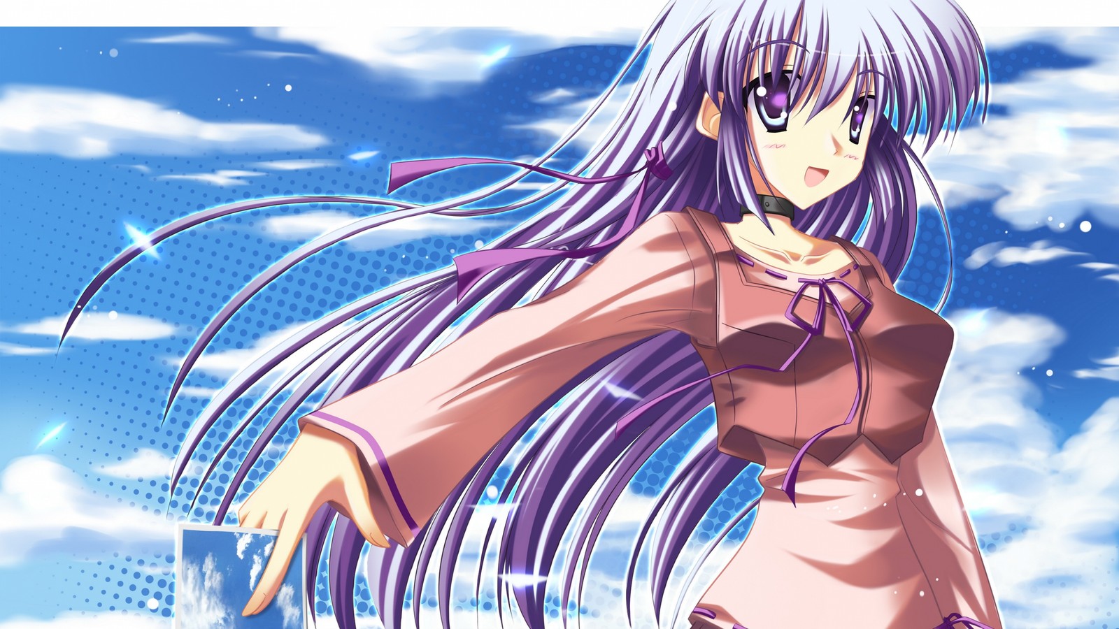 Anime girl with long purple hair and purple dress in the sky (cartoon, purple, girl, mangaka, blue)