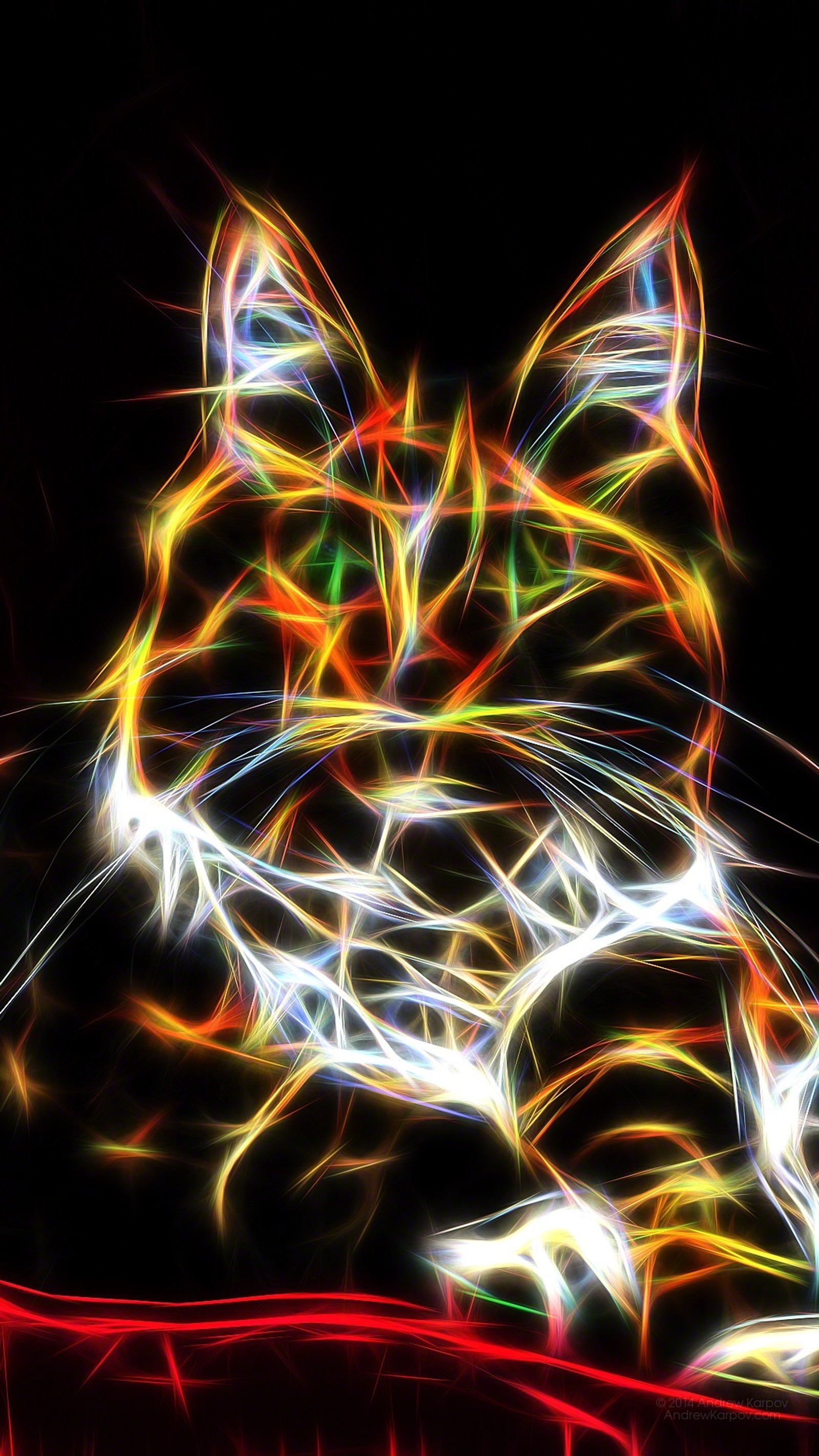 Un gato de colores brillantes sentado en un cojín rojo en la oscuridad (teléfono inteligente, arte fractal, neón, arte, diseño gráfico)