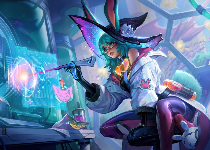 Женщина в шляпе и пурпурном наряде, сидящая на стуле (battle bunny aurora, league of legends, игры, обои 4k)