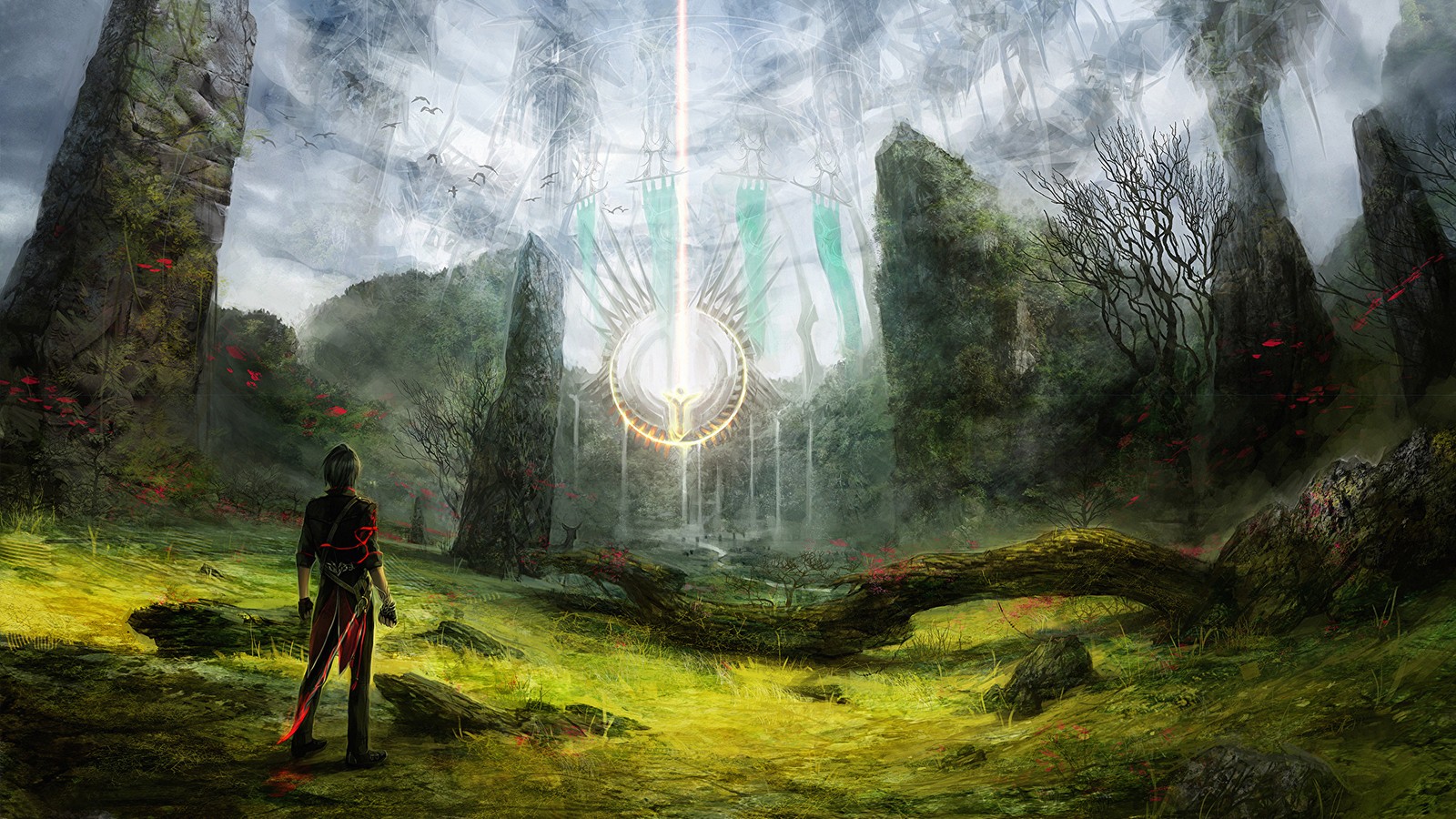 A man standing in a forest with a giant light beam above him (painting, magic, fantasy, nature, forest)