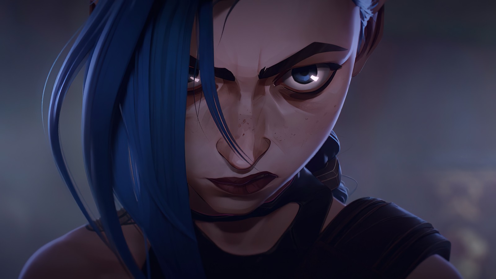 A close up of a woman with blue hair and a black top (jinx, arcane series, netflix, tv series, league of legends)