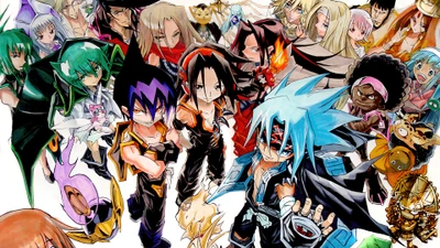 Conjunto dinâmico de personagens de Shaman King em um ousado estilo de anime