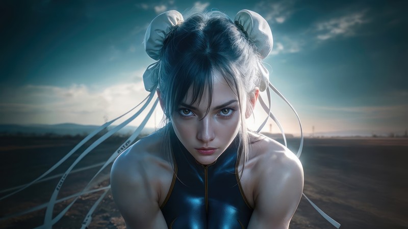 Крупный план женщины в черном кожаном наряде (чун ли, chun li, street fighter, видеоигра)