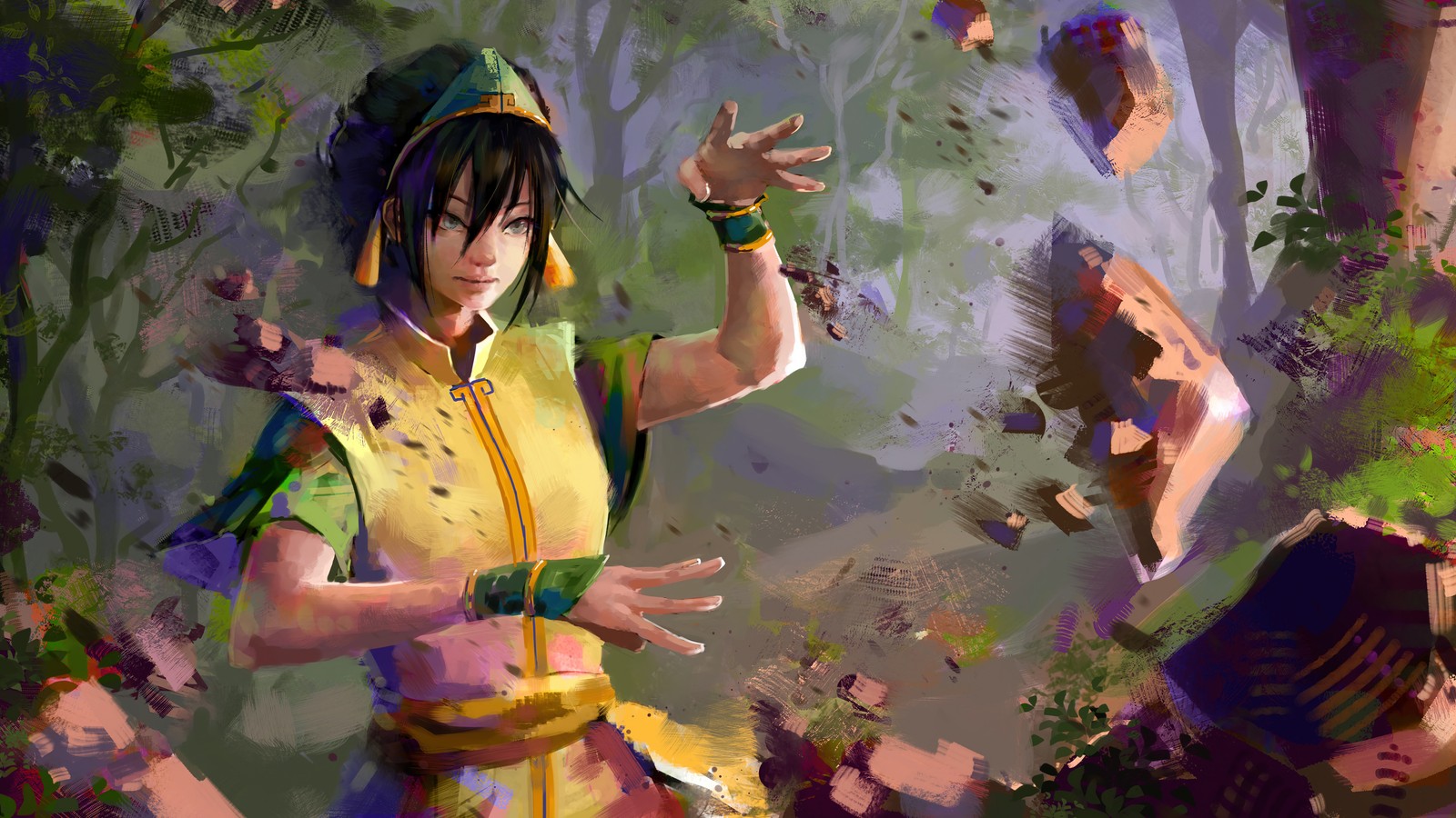 A painting of a woman in a yellow outfit holding a knife (top beifong, earthbending, the last air bender, anime, cartoon)