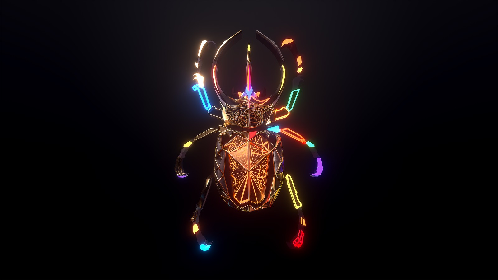 Eine nahaufnahme einer spinne mit vielen lichtern darauf (bunt, käfer, glühend, dunkler hintergrund, neon)