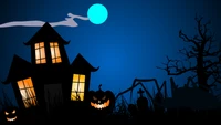 Spooky Halloween Night: Haunted House, Pumpkins, and a Full Moon