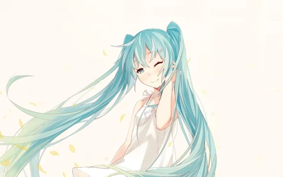 Hatsune Miku : Une illustration fantaisiste du Vocaloid bien-aimé avec des cheveux aquatiques fluides et une expression espiègle.