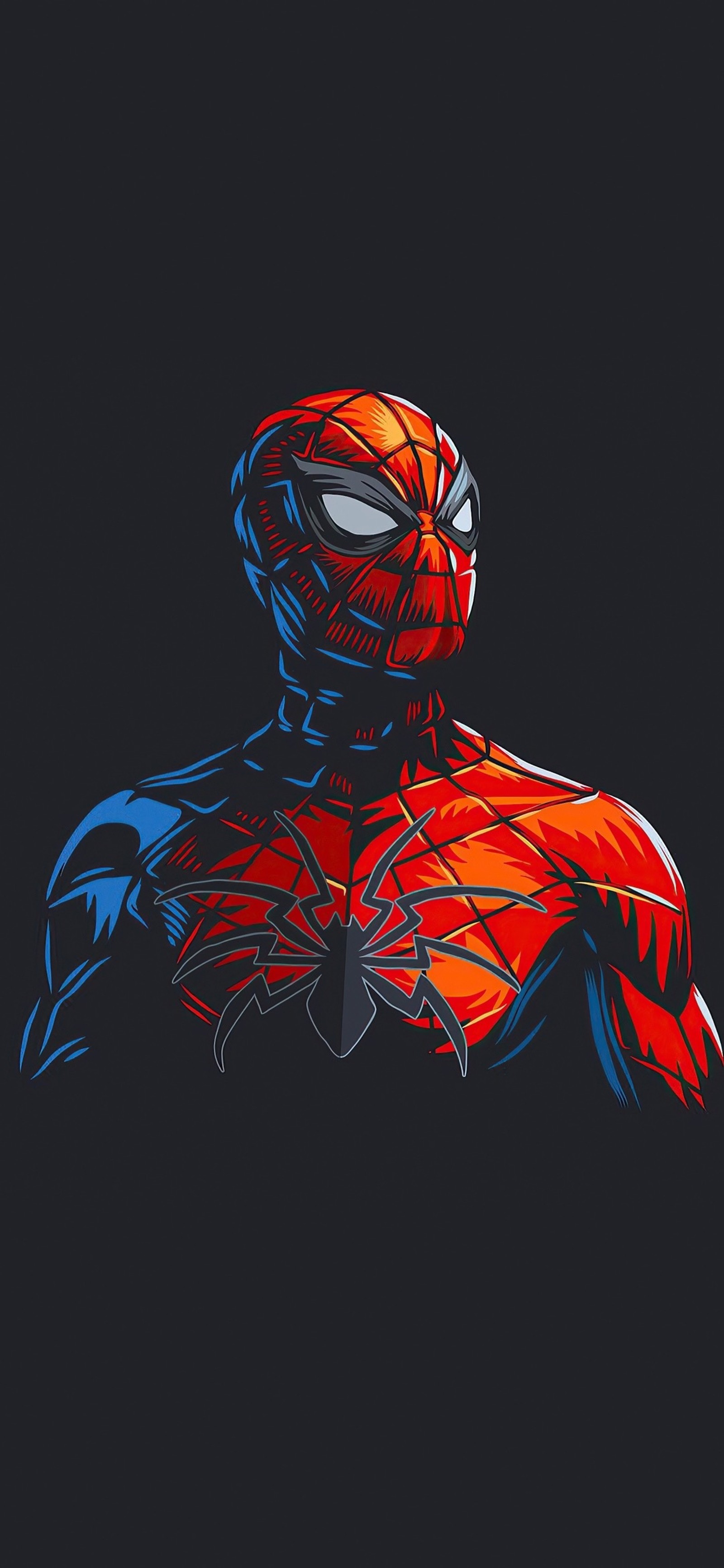 Homem aranha em um traje vermelho e azul com fundo preto (spider man, super herói, logotipo, design gráfico, marvel comics)