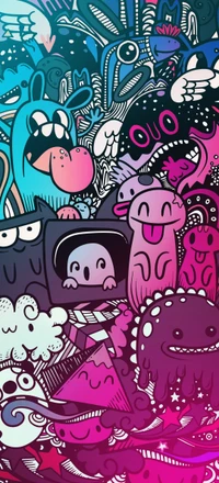 A vibrant and playful collage of whimsical cartoon characters featuring a mix of cheerful faces, quirky creatures, and abstract shapes, all set against a colorful background with shades of pink and blue.