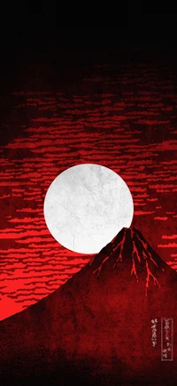 Red Landscape with Full Moon Over Mountain Slope