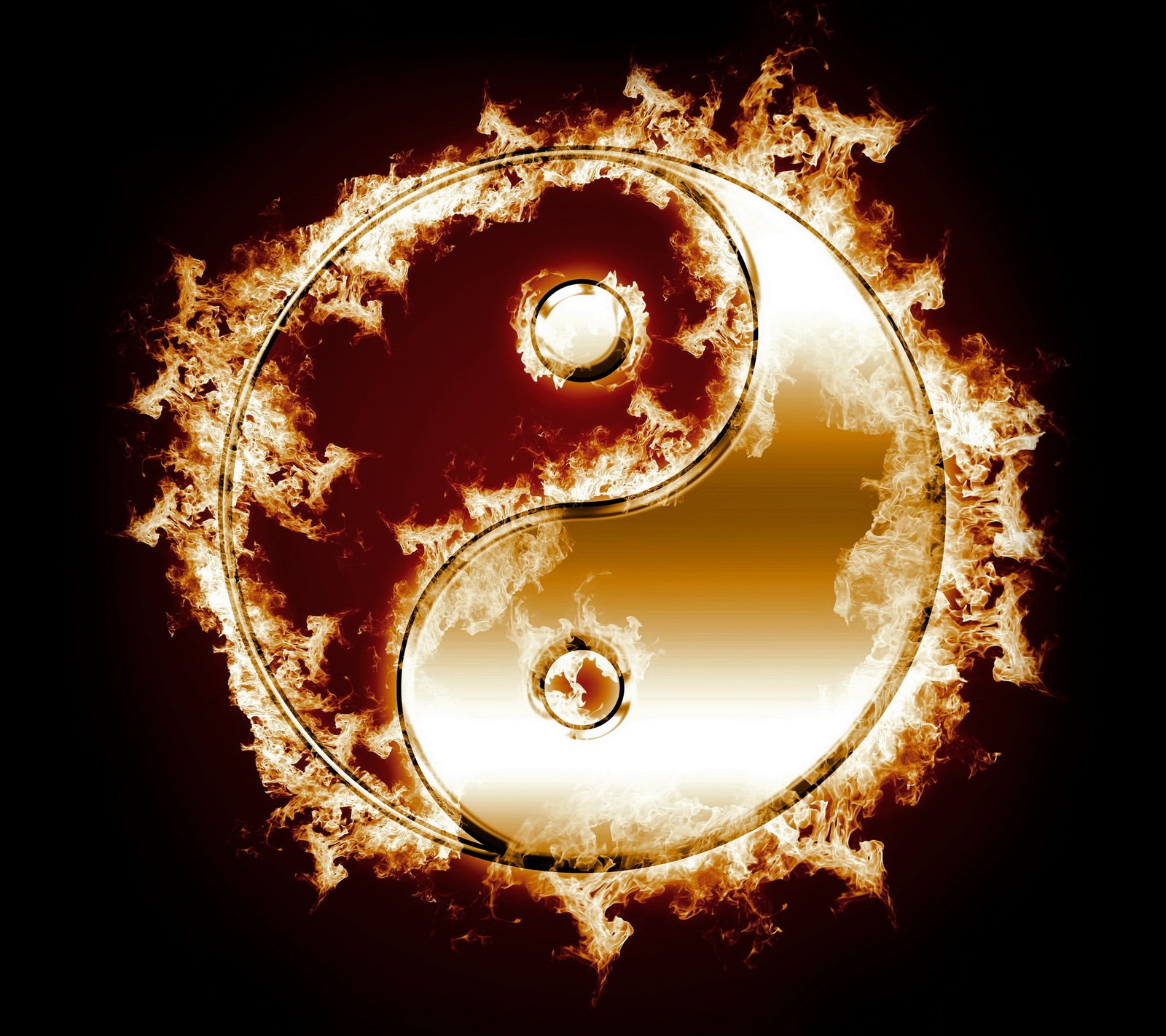 Un primer plano de un símbolo yin yang con fuego y llama en un fondo negro (ardiendo, fuego, símbolo, yin yang)