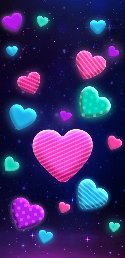 Colorful Hearts Against a Starry Background