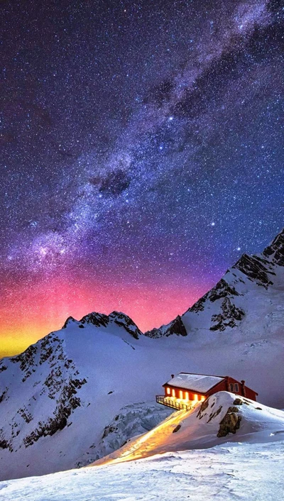 cabine, montanha, céu, neve, estrelas