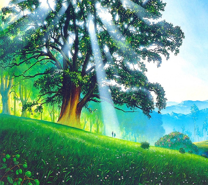 Painting of a tree in a green field with sunbeams (love)