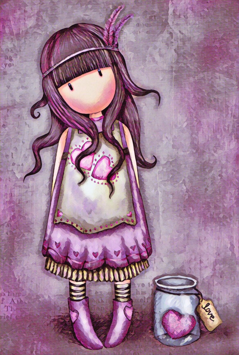 Painting of a girl with a heart in her hand and a jar of hearts (cute, feathers, girl, gorjuss, hearts)