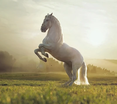 Majestic White Horse in a Sunrise Meadow