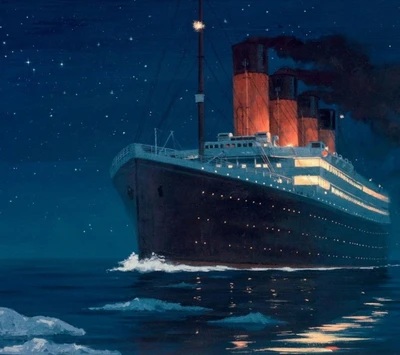 El Titanic navegando por aguas heladas bajo un cielo estrellado.