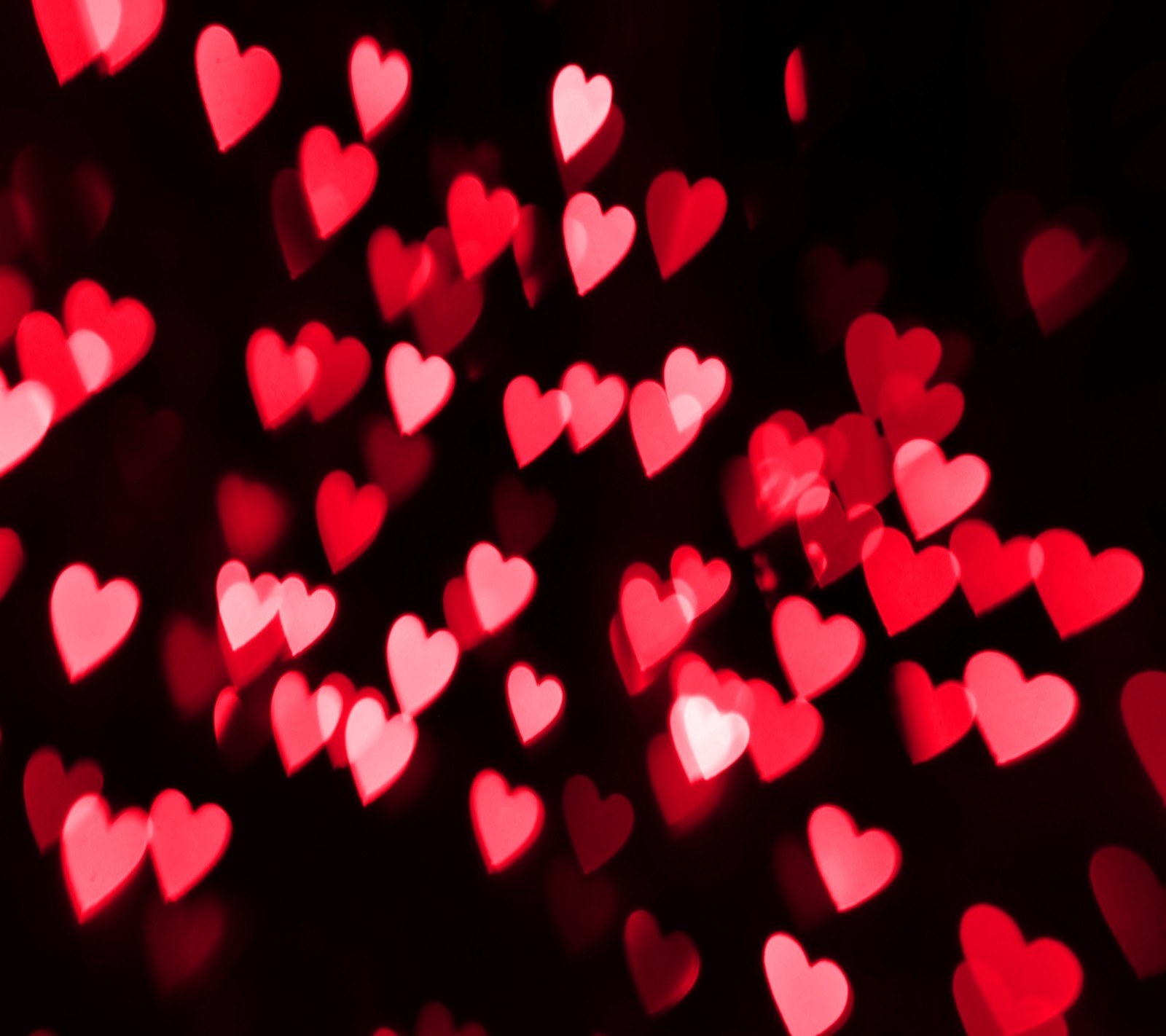 A close up of a bunch of red hearts on a black background (bokeh, heart, holiday, love, valentine)