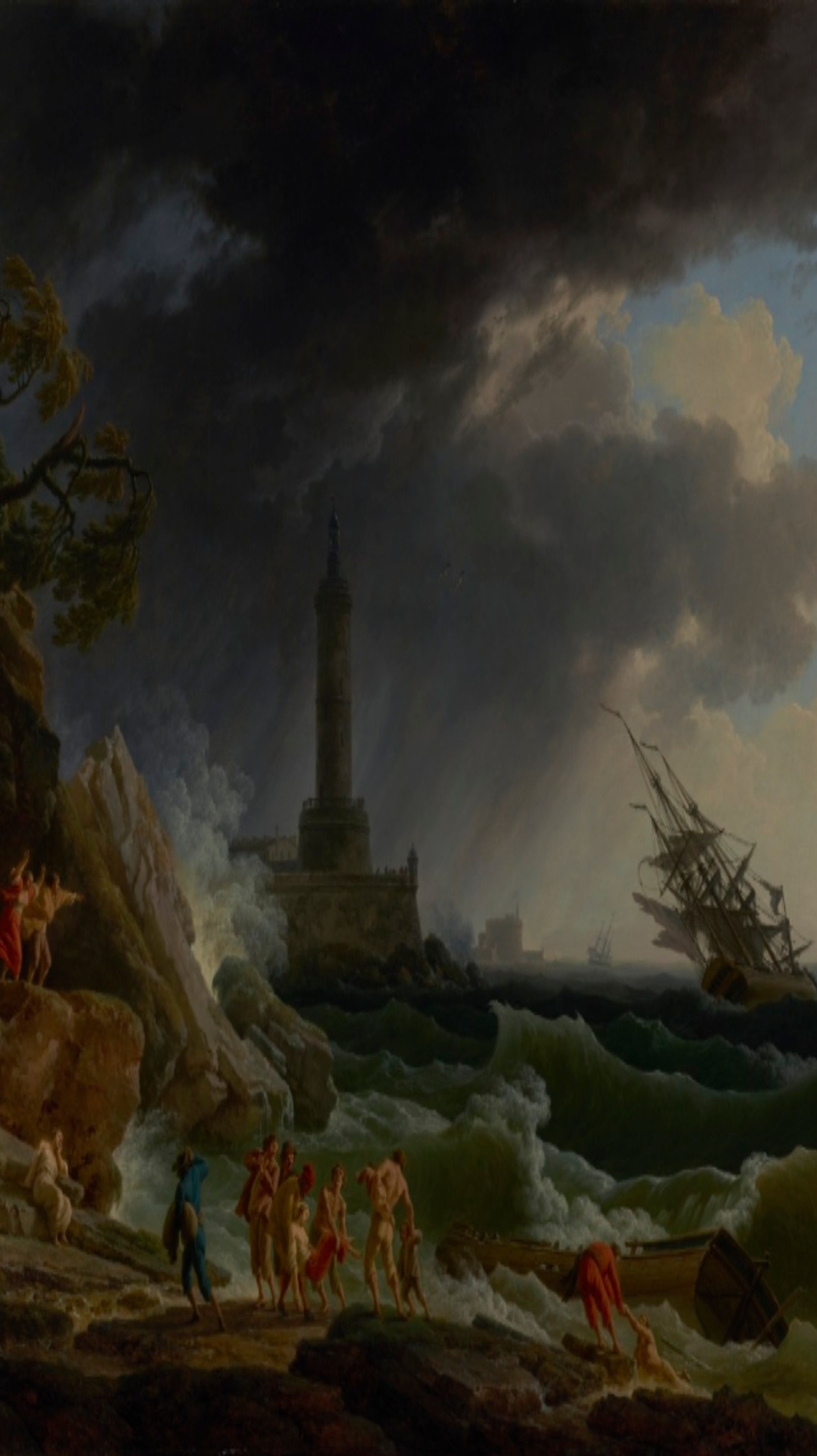 Pintura de un barco en el océano con personas en él (lienzo, francés, pintura al óleo, tormenta)