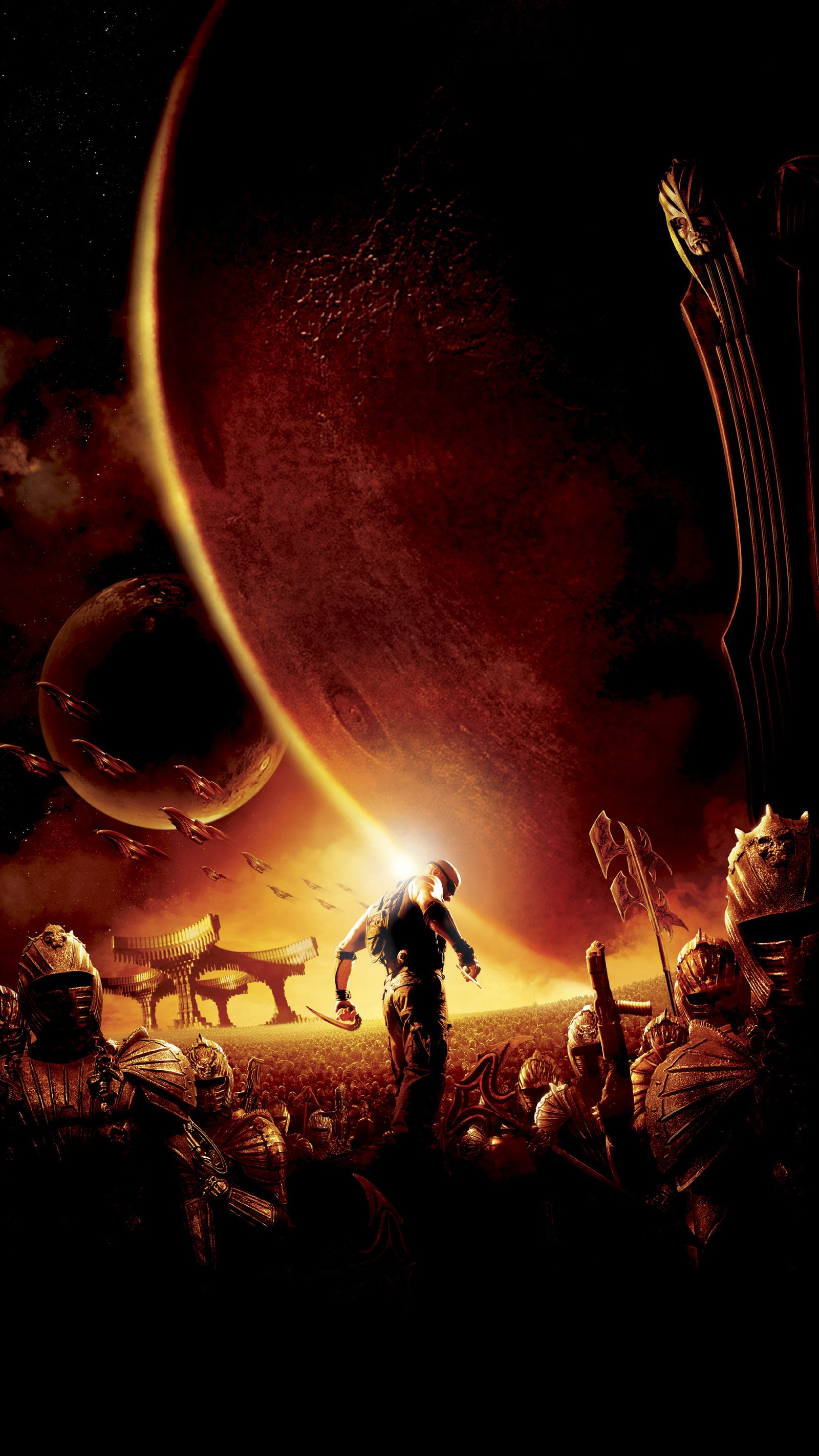 Arafed image of a man standing in front of a giant planet (fast, furious, riddick, space, sunset)