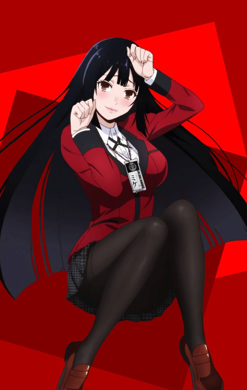 Chica anime con cabello largo y negro sentada en un fondo rojo (android, anime, juegos de azar, jabami, kakegure)